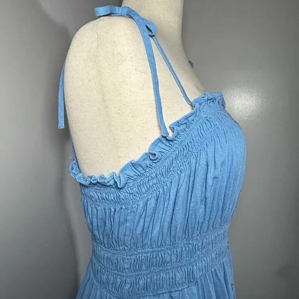 Blue Smocked Midi Dress Faux Button Front Linen Blend Boho Coastal Minimalist XL - Picture 8 of 15